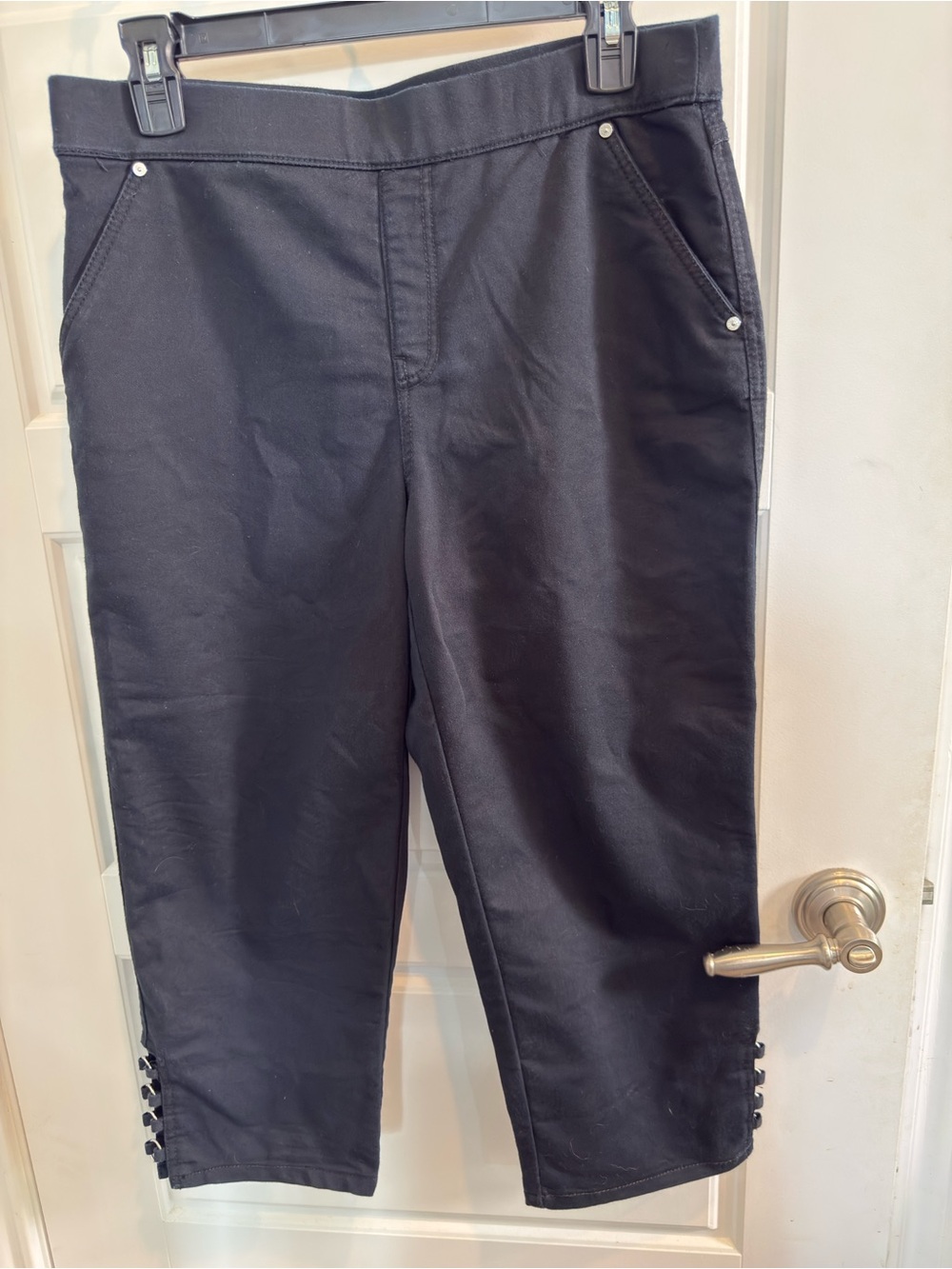 intro. Black Cropped Stretch Chinos with Side Button Detail